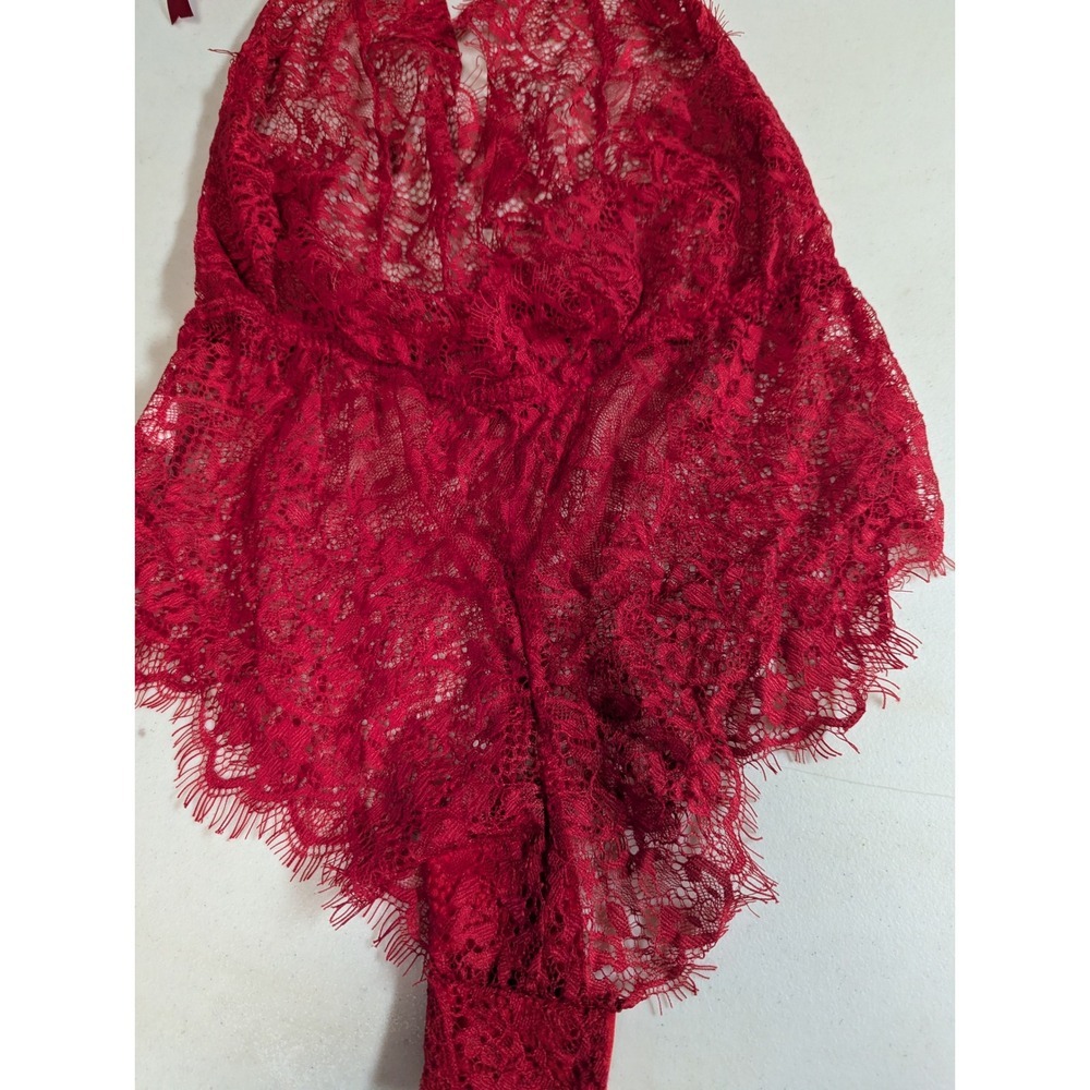Sheer Lace Halter Teddy Bodysuit Deep V‎ Neck Red Ribbon Tie Size S - Picture 6 of 10